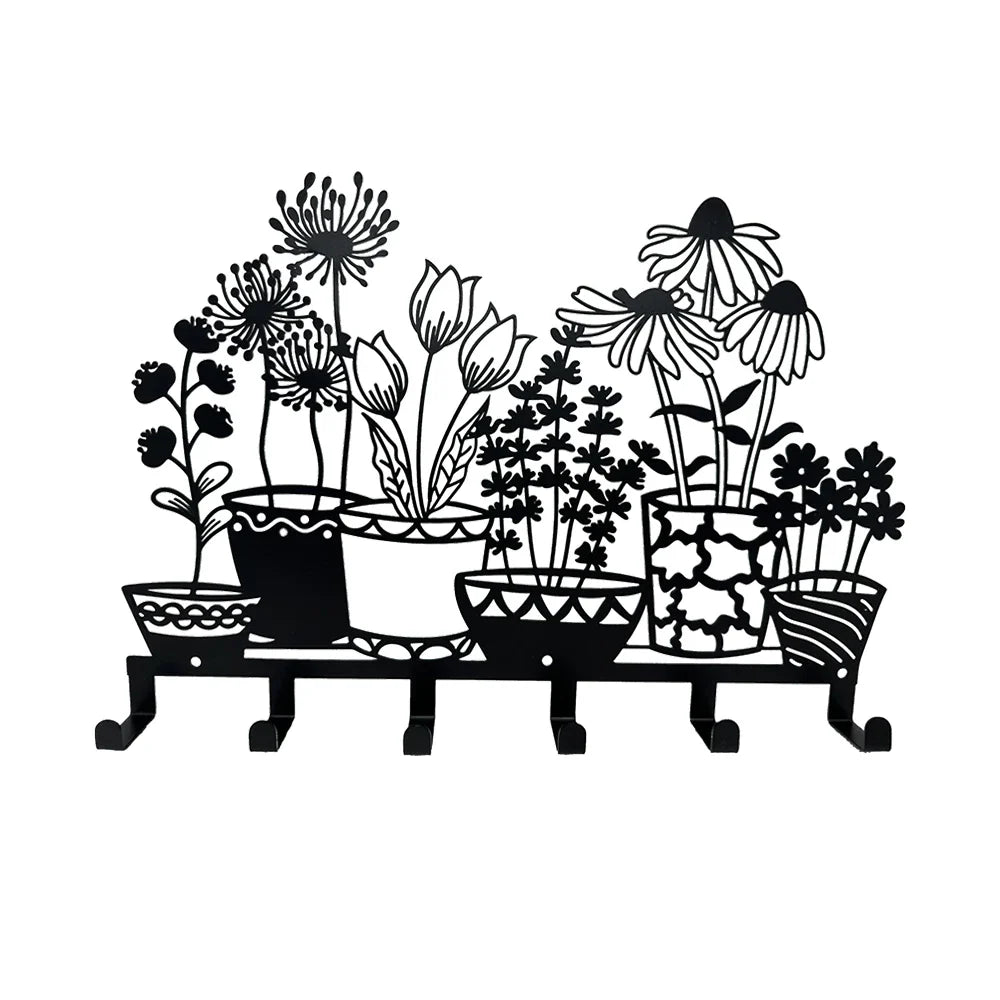 Metal Holder Black Flower Vase Key Holder Coat Hanger 6 Hooks Coat Rack Modern Wall Hangings Entryway Coat Rack Kitchen Holder