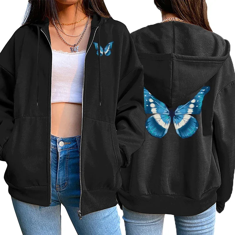 Butterfly Printed Hoodies for Women 2025 Hot Sale Hooded Longsleeve Jackets Autumn Home Outdoor Casual Fashion Ziiper Coats