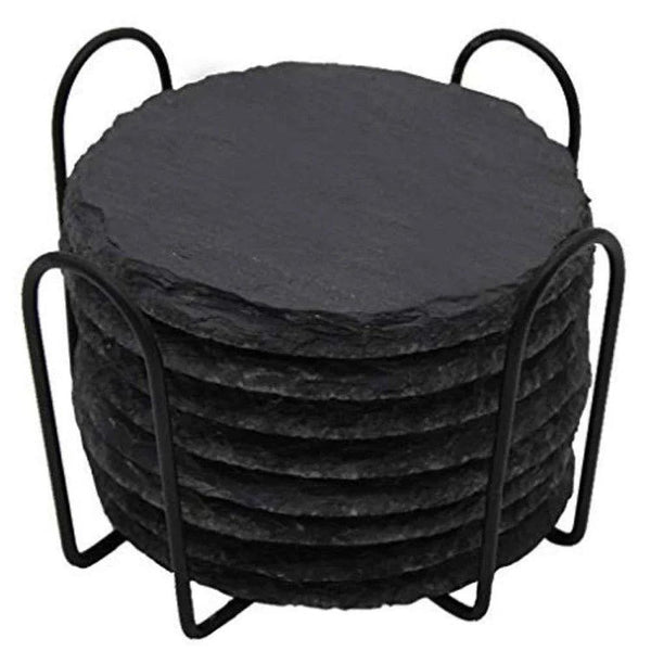 10Pcs Natural Slate Drink Coasters Round Black Stone Insulation Cup Coaster for Coffee Table, Home Kitchen, Bar