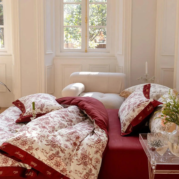 1000TC Egyptian Cotton Soft Vibrant French Luxury Red Flowers Bedding Set 1 Duvet Cover+1Bed Sheet+2Pillowcases Double Queen King