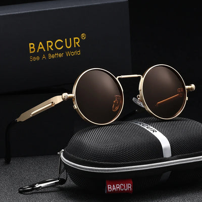 BARCUR Polarized Round Steampunk Sunglasses for Men – Retro Fashion Stainless Steel Frame with UV400 Protection and Spring Hinges – Luxury Vintage Style Circular Sun Glasses for Women & Men Perfect for Outdoor Travel and Summer Events