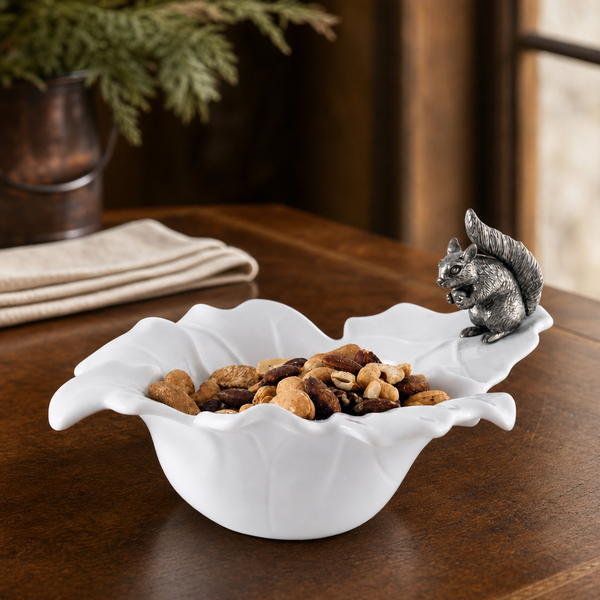 Fine Porcelain Leaf Bowl with Pewter Squirrel