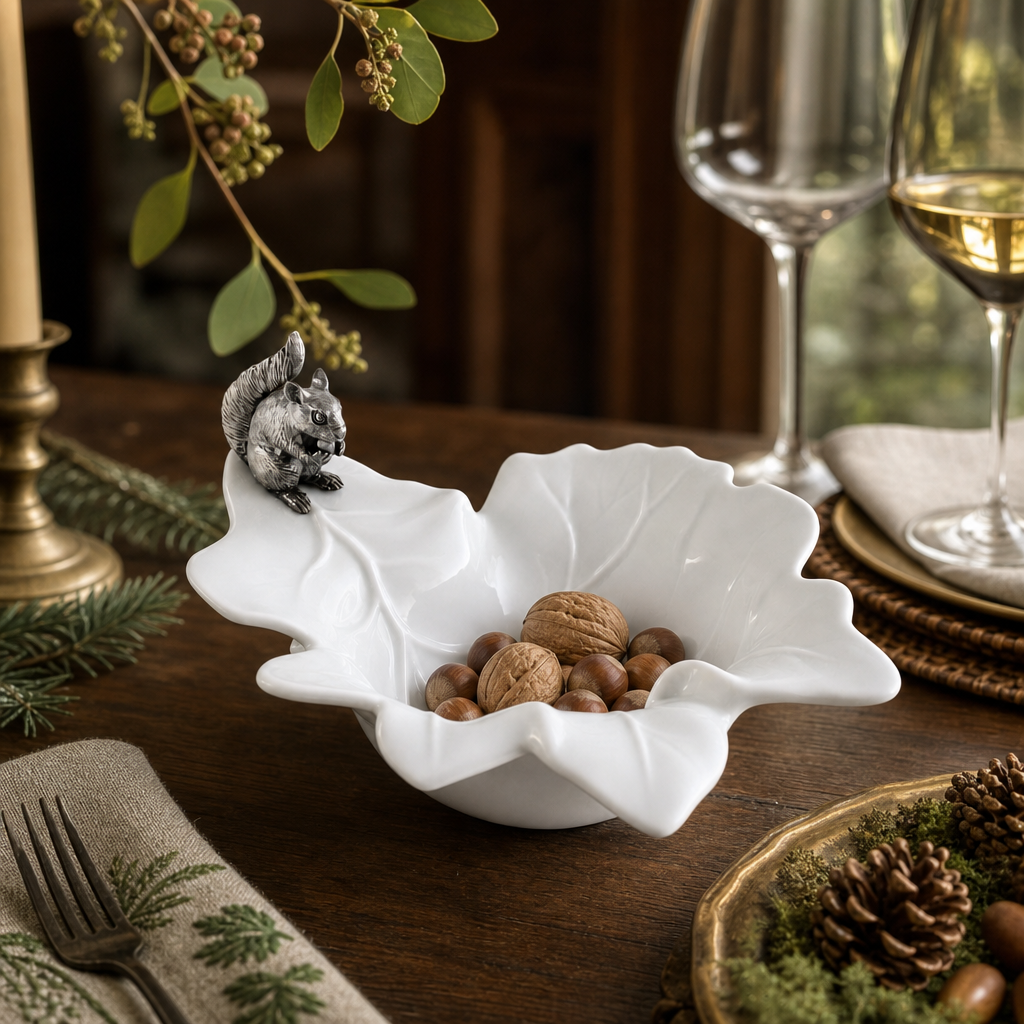 Fine Porcelain Leaf Bowl with Pewter Squirrel