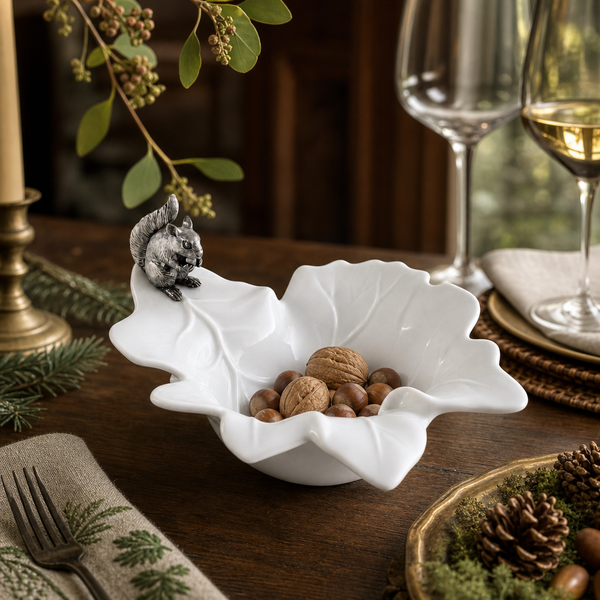 Fine Porcelain Leaf Bowl with Pewter Squirrel