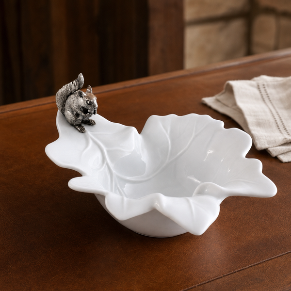 Fine Porcelain Leaf Bowl with Pewter Squirrel