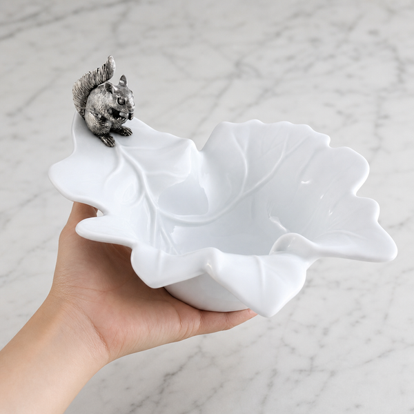 Fine Porcelain Leaf Bowl with Pewter Squirrel