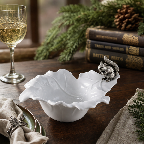 Fine Porcelain Leaf Bowl with Pewter Squirrel