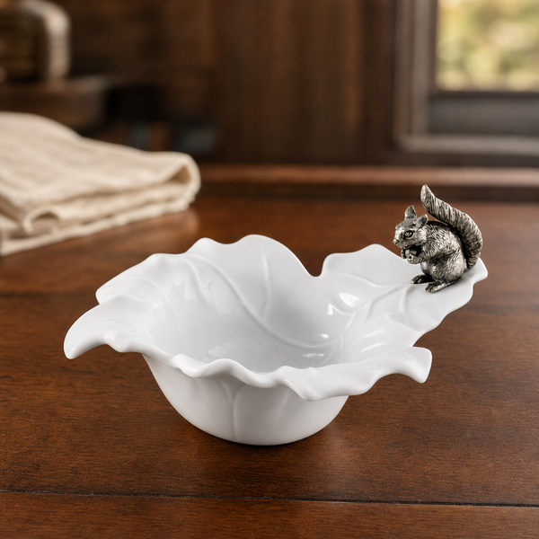 Fine Porcelain Leaf Bowl with Pewter Squirrel