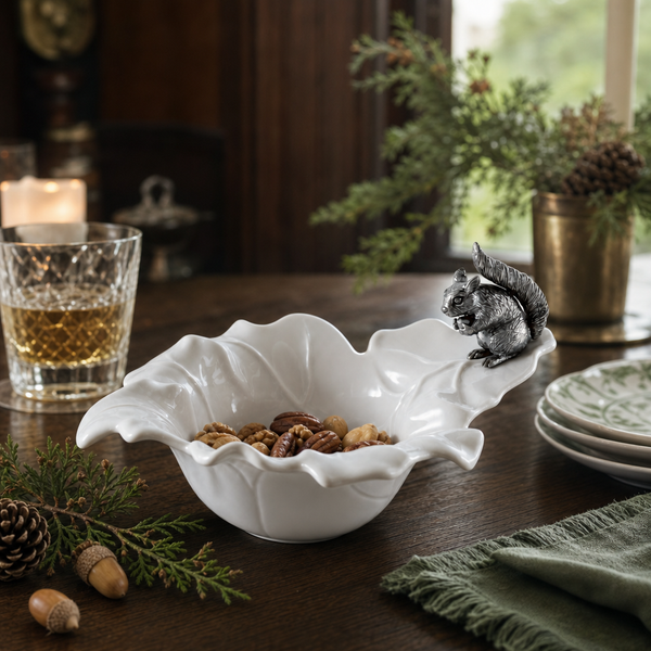 Fine Porcelain Leaf Bowl with Pewter Squirrel