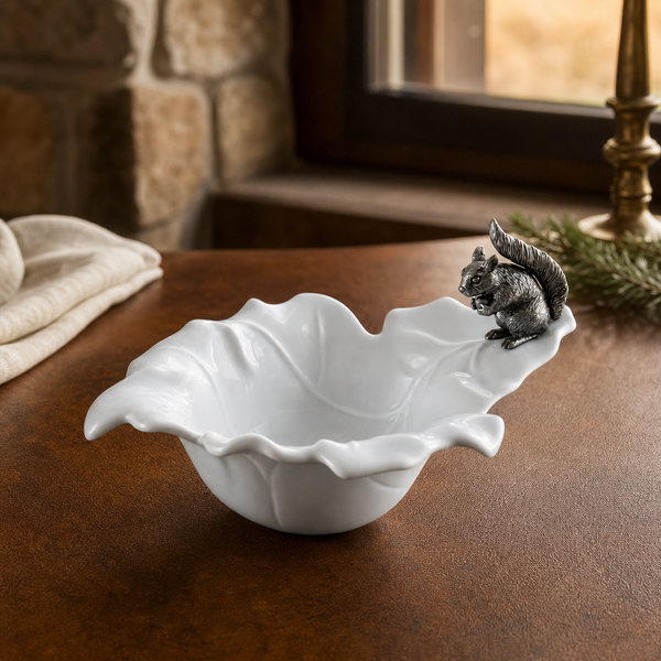 Fine Porcelain Leaf Bowl with Pewter Squirrel