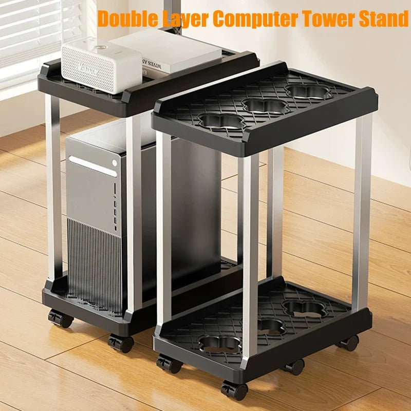 Double Layer PC Tower Stand, Mobile CPU Case Base with Universal Wheels, Heightening Storage Support Bracket for Computer Host
