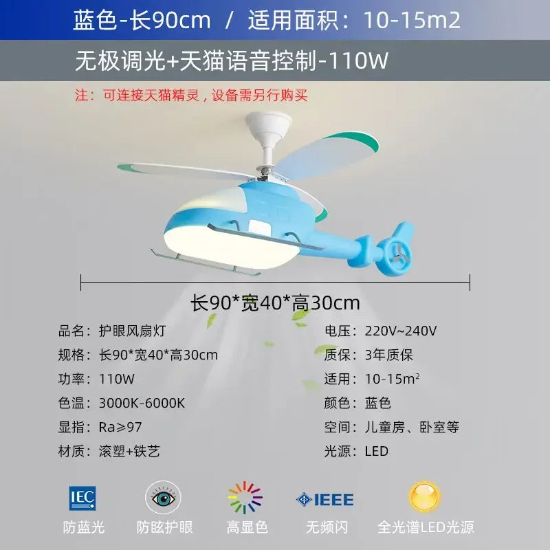 DecorBites™ Helicopter Aircraft Ceiling Fan Children's Chandelier Blue Pink Light Kids' Room Decorbites