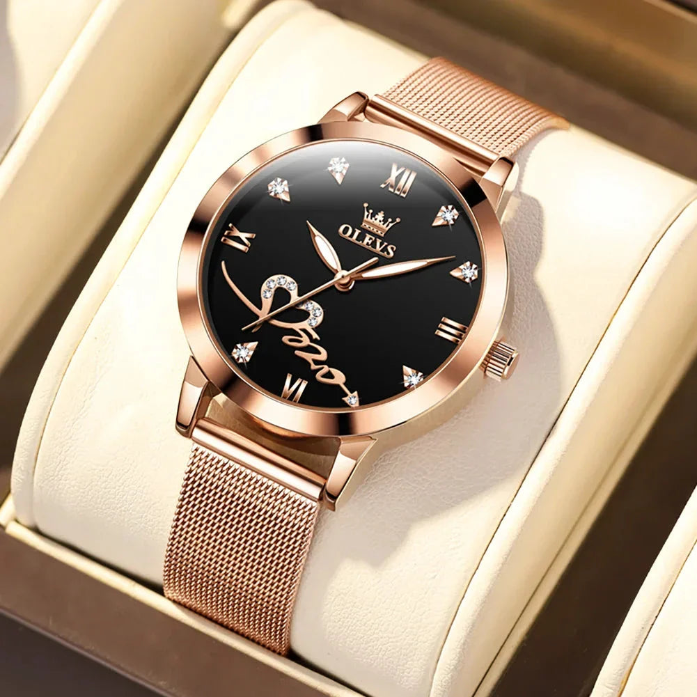 OLEVS Luxury Fashion Ladies' Watches Rose Gold Top Brand Original Quartz Watch for Women Stainless Steel Mesh Strap Love Dial