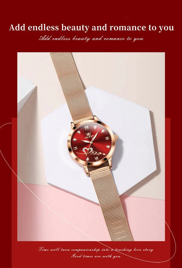 OLEVS Luxury Fashion Ladies' Watches Rose Gold Top Brand Original Quartz Watch for Women Stainless Steel Mesh Strap Love Dial