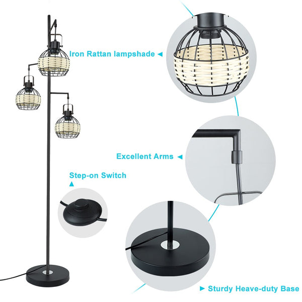 Depuley Industrial Floor Lamp LED Tree Standing Lamps Metal Rattan Cage Shape Tall Pole Reading Lighting 8W E26 Bulb Include