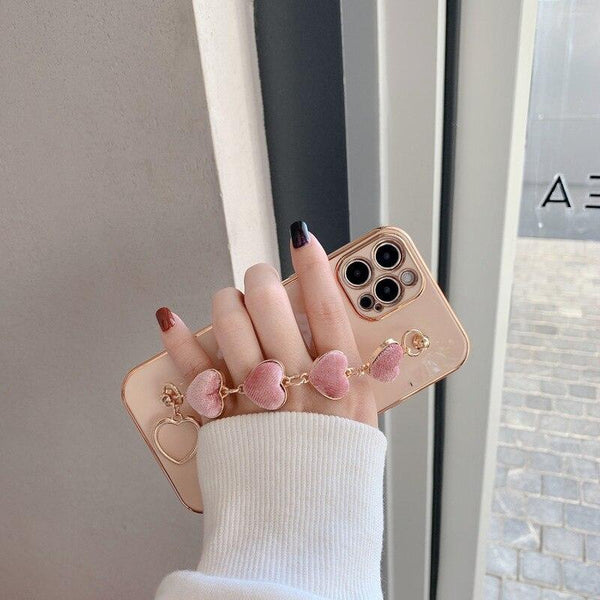Luxury Women Silicone Phone Case Cover With Wrist Chain Bracelet for iPhone  Wristband Bracelet Hand Holder Cover for iPhone 13 12 11 Pro Max plating Case Heart Chain Cases for iPhone 7 8 Plus XR XS Max X