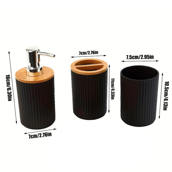Dimensions of Buddify black bathroom accessories set showing soap dispenser, toothbrush holder, and cotton jar with bamboo lids and ribbed texture.
