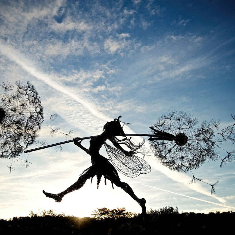 Dancing Fairy Statue Steel Wires Fairy Elf Dandelion Miniature Sculpture Mythical Garden Figurine Fairies Pixies Yard Decor