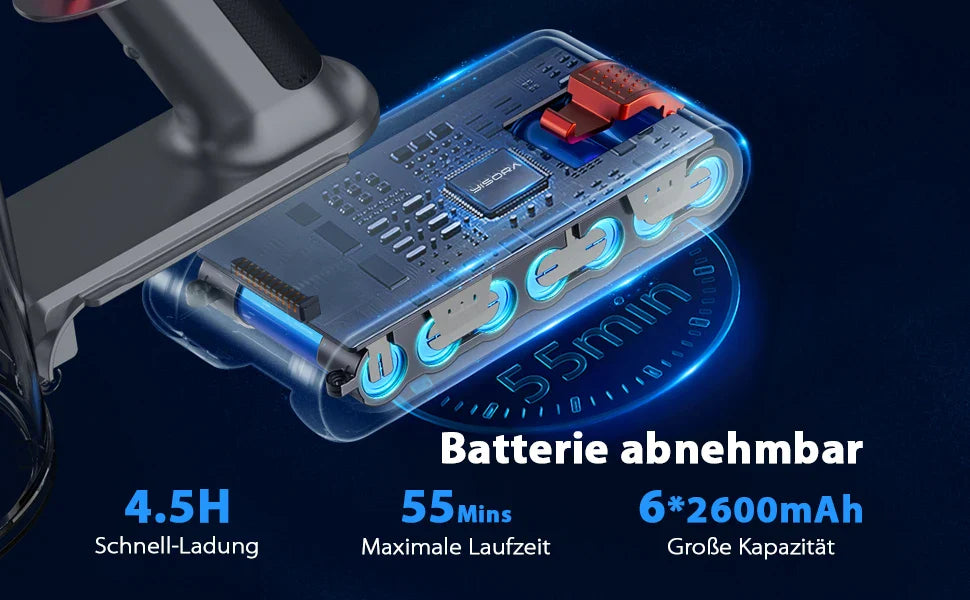 Cordless vacuum cleaner battery with 2600mAh capacity, 55-minute runtime, and fast 4.5-hour charging. Removable design for convenience.