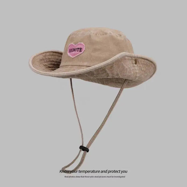 Japanese Retro Washed Cowboy Hats for Women Spring and Summer Outdoor Camping Sun Protection Sweet Pink Love Bucket Caps OneLoveCanada