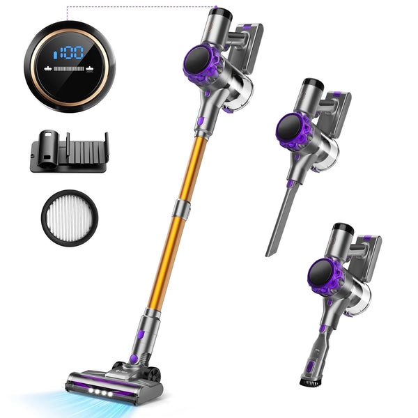 Cordless vacuum cleaner with purple accents, LED display, and multiple nozzles for efficient cleaning on various surfaces.