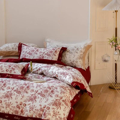 1000TC Egyptian Cotton Soft Vibrant French Luxury Red Flowers Bedding Set 1 Duvet Cover+1Bed Sheet+2Pillowcases Double Queen King