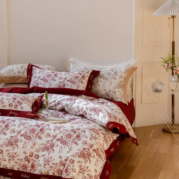 1000TC Egyptian Cotton Soft Vibrant French Luxury Red Flowers Bedding Set 1 Duvet Cover+1Bed Sheet+2Pillowcases Double Queen King