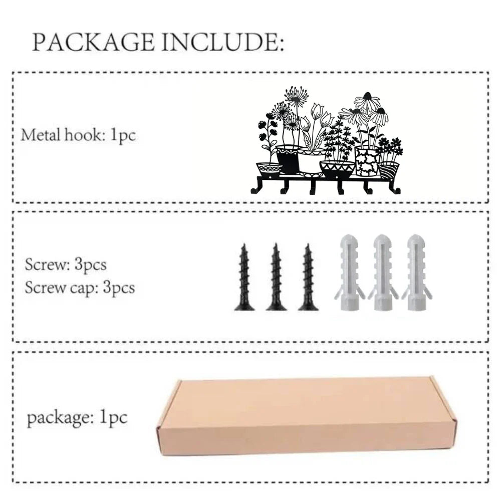 Metal Holder Black Flower Vase Key Holder Coat Hanger 6 Hooks Coat Rack Modern Wall Hangings Entryway Coat Rack Kitchen Holder