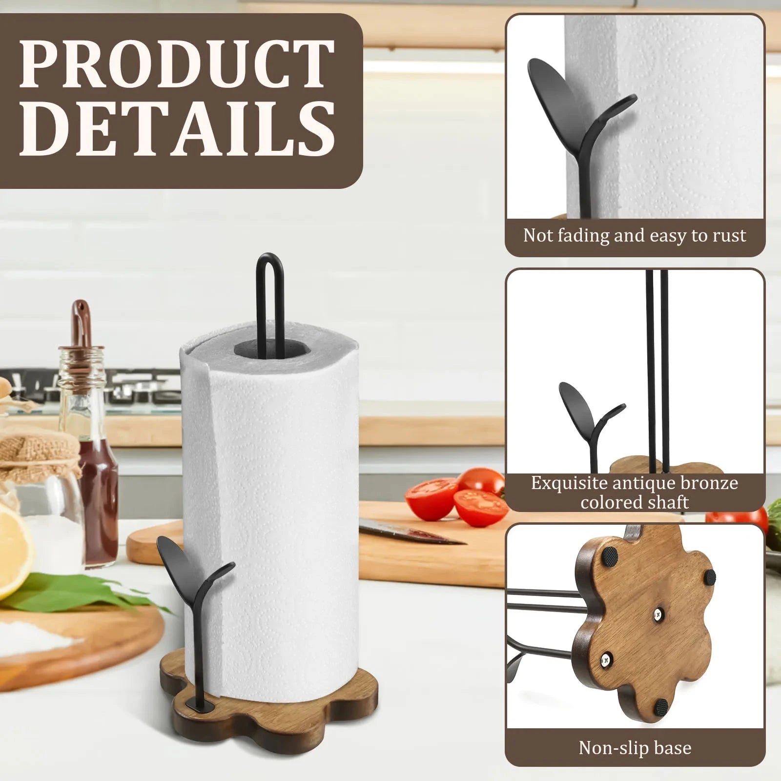 Wooden Paper Towel Holder Vertical Stand Anti-Skid Flower Shape Base Kitchen Countertop Roll Paper Towel Holder Paper Dispenser DSers Fulfillment