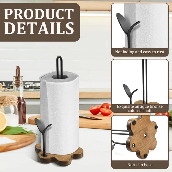 Wooden Paper Towel Holder Vertical Stand Anti-Skid Flower Shape Base Kitchen Countertop Roll Paper Towel Holder Paper Dispenser DSers Fulfillment