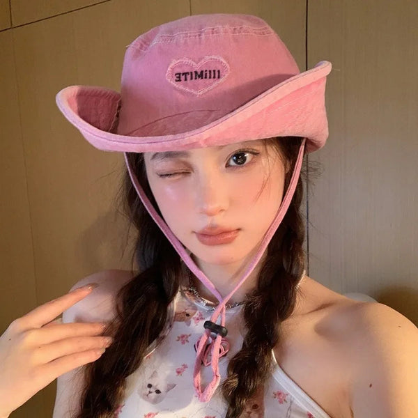 Japanese Retro Washed Cowboy Hats for Women Spring and Summer Outdoor Camping Sun Protection Sweet Pink Love Bucket Caps OneLoveCanada