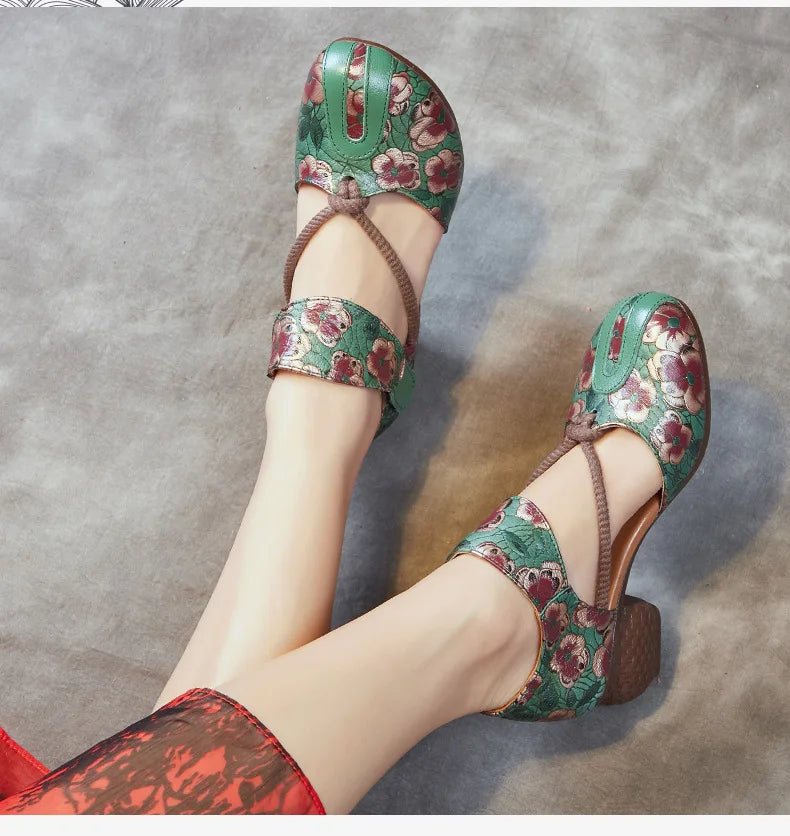 Genuine Leather Embossed Thick Heel Soft Soled Vintage Sandals