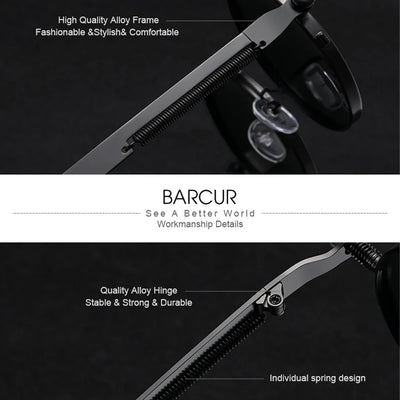 BARCUR Polarized Round Steampunk Sunglasses for Men – Retro Fashion Stainless Steel Frame with UV400 Protection and Spring Hinges – Luxury Vintage Style Circular Sun Glasses for Women & Men Perfect for Outdoor Travel and Summer Events