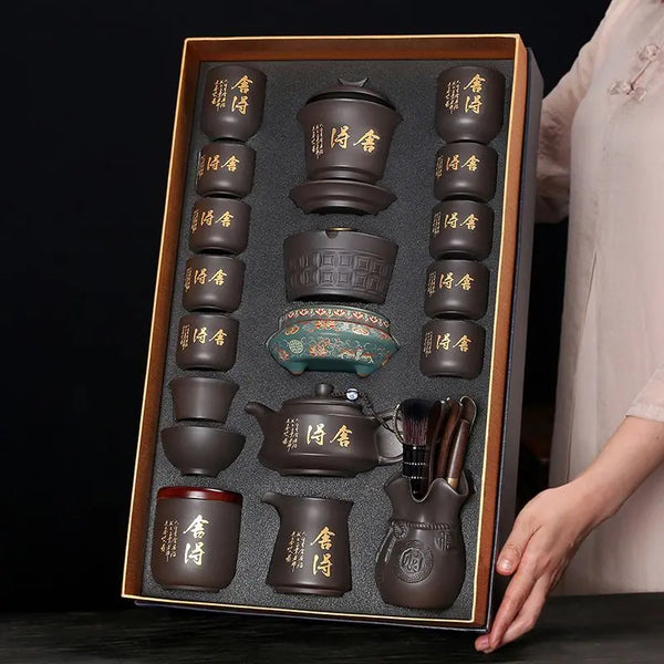 Luxury Purple Clay Tea Set High-End Home Office Complete Moving Gift Practical Present for Elders and Teachers with Gift Box