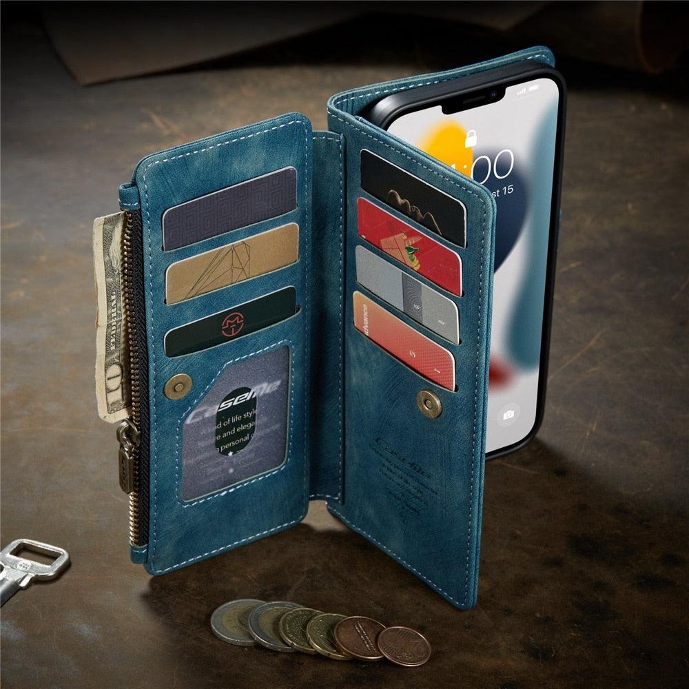 Vintage Card Holder Leather Wallet Case for iPhone 11 12 13 14 Pro Max Mini XR XS Max 8 7 6s Plus SE Storage Pocket Cover Flip Case PU Leather Protective Case With Magnetic Closure