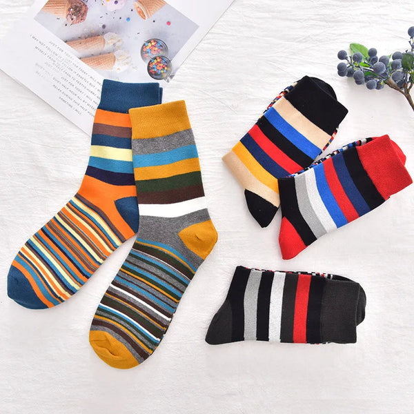 5 Pairs/Pack Fashion Trend Socks Men Cotton Thick Thin Stripes Pattern Retro Socks Business Party Crew Socks OneLoveCanada