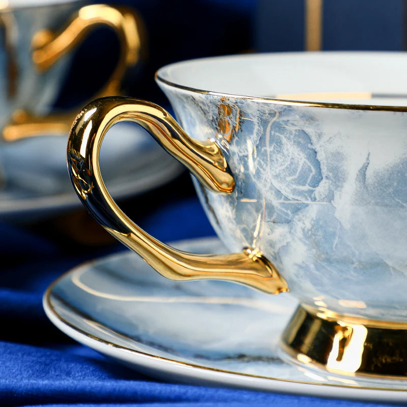 3Pcs Marble Electric Blue Bone China Coffee Cup Spoon Dish Suit Latte Art Cup Household Tea Set for Light Luxury Business Gifts