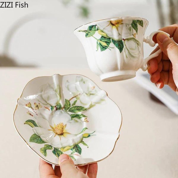 Elegant Camellia Painted Mugs Porcelain Cup&saucer Tableware Coffee Mug Dining Table Afternoon Tea Teacup Fruits Juice Cup