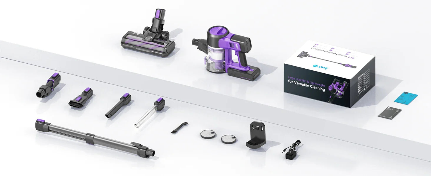 Cordless Vacuum Cleaner, 6-in-1 Stick Vacuum with 30Kpa 350W Suction includes full accessory kit with motor, brushes, filters, and charging dock.