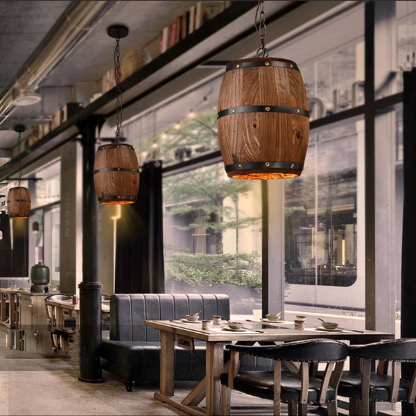 Retro Barrel Lamp Solid Wood Wine Barrel Hanging Pendant Lighting E27 Living Room Bar Cafe Lights Atomasphere Restaurant Lamp