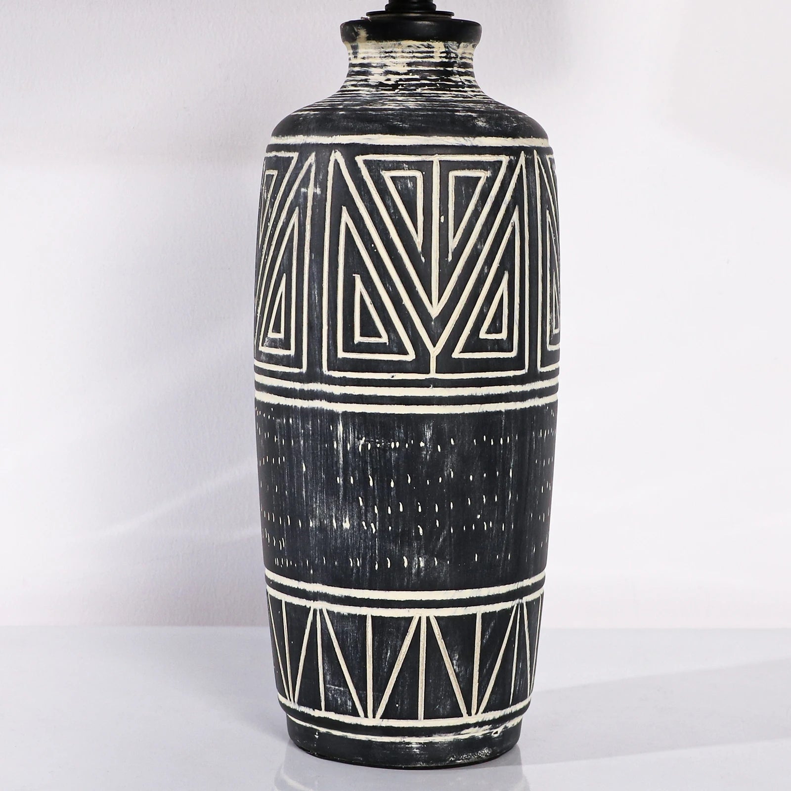 2 Pack 25-Inch Carved Geometric Ceramic Table Lamp With Linen Shade, Southwest's Rustic Accent Lamps For Living Room End Tables