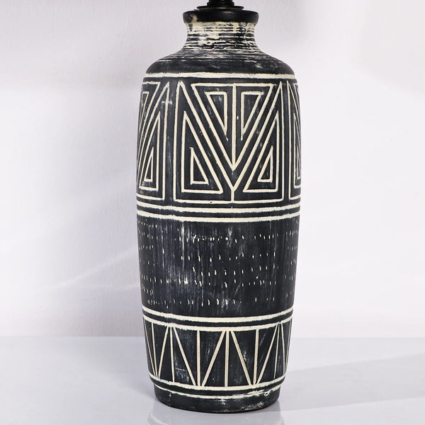 2 Pack 25-Inch Carved Geometric Ceramic Table Lamp With Linen Shade, Southwest's Rustic Accent Lamps For Living Room End Tables