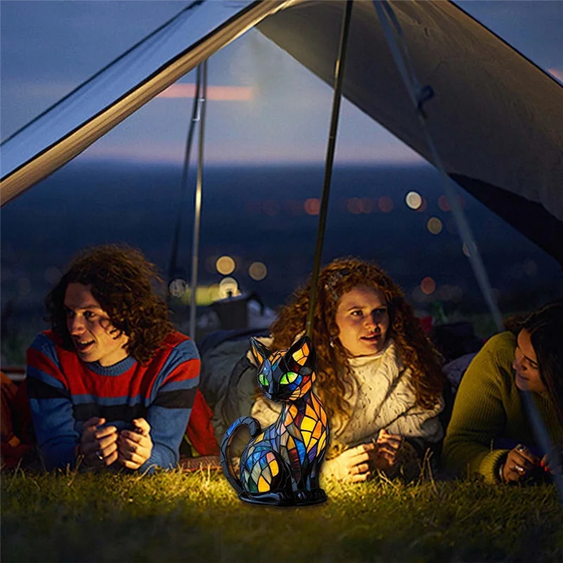 B97A-CAT Stained Resin Tabletop Night Light For Night Stands, Warm Glow Lamp, Cat Lamp Resin Stained Glass