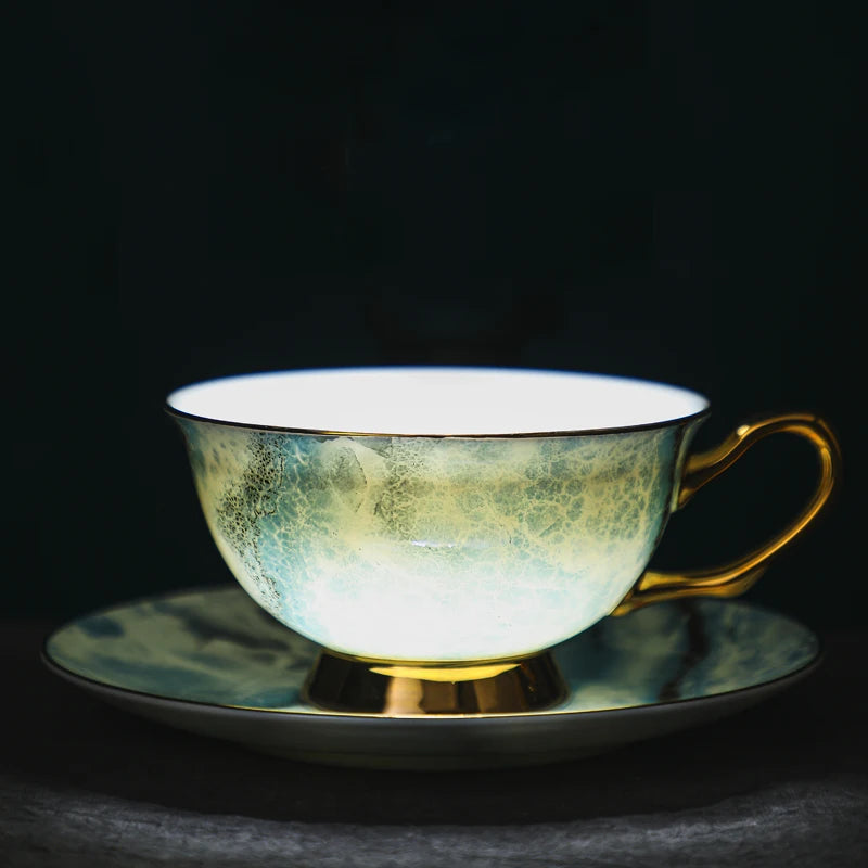 3Pcs Marble Electric Blue Bone China Coffee Cup Spoon Dish Suit Latte Art Cup Household Tea Set for Light Luxury Business Gifts