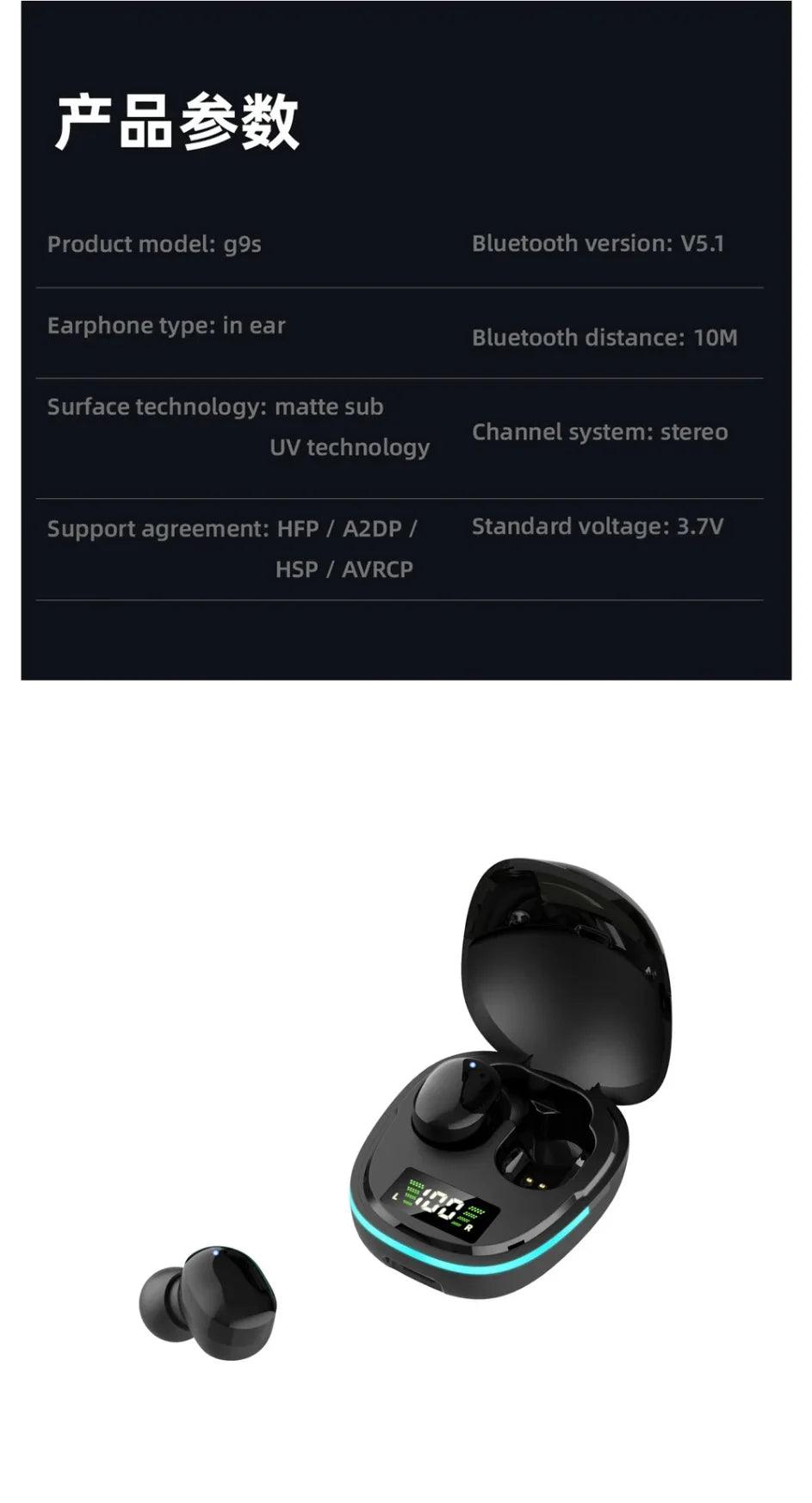 G9S Bluetooth 5.1 In Ear Wireless Earbuds LED Power Display Low Latency Gaming HiFi Stereo Sports Headphones