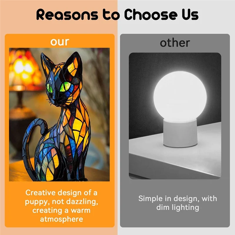 B97A-CAT Stained Resin Tabletop Night Light For Night Stands, Warm Glow Lamp, Cat Lamp Resin Stained Glass