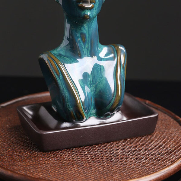 Beauty Statue Half-Head Blue Ceramic Backflow Incense Burner