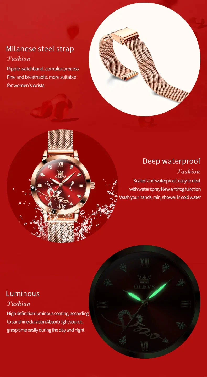 OLEVS Luxury Fashion Ladies' Watches Rose Gold Top Brand Original Quartz Watch for Women Stainless Steel Mesh Strap Love Dial