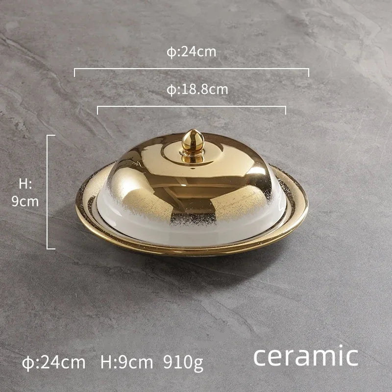 Ceramic high-end golden gold round ceramic tray Piring ASalad Steak Mewah Keramik Makanan Barat Eropa Piring Steak dinner plate