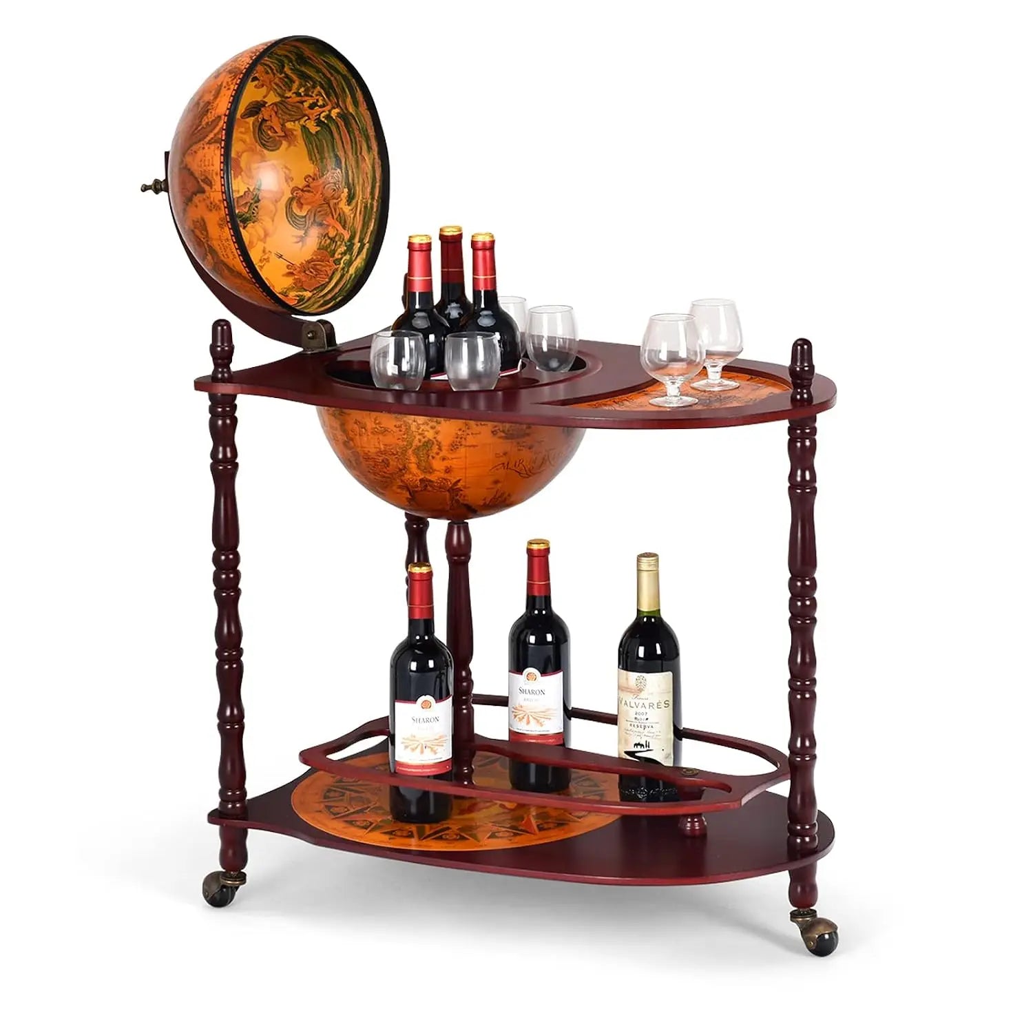 Vintage Globe Bar Cart with Wheels & Shelf, 16th Century Replica Map, Retro Liquor Cabinet for Living Room, 34.5